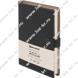 Ежедневник датированный 2026, А5, 143х218 мм, BRAUBERG "Journal", под кожу, застежка, держатель для ручки, органайзер, черный, 117382